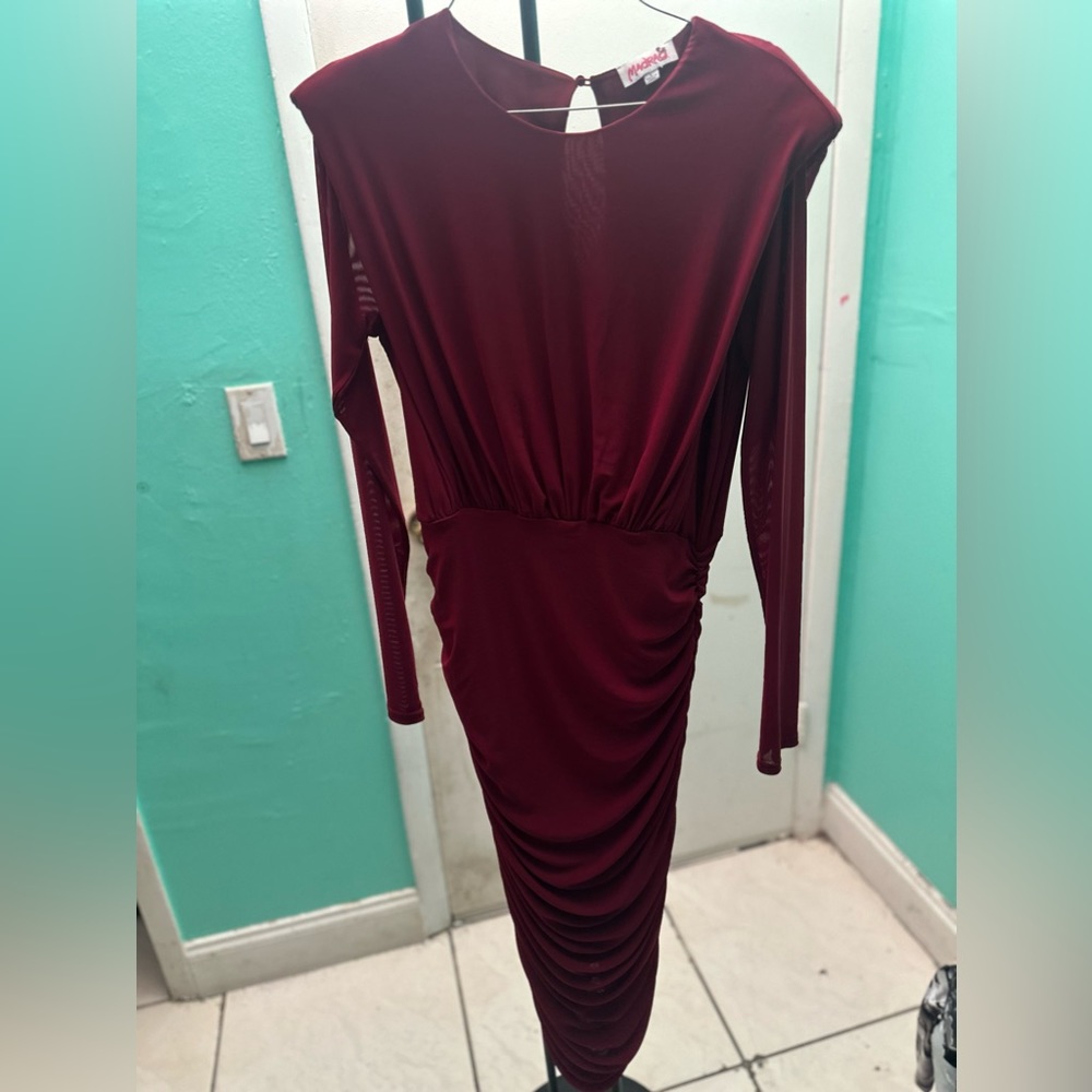 Wine Scrunched Dress with Shoulder Pads